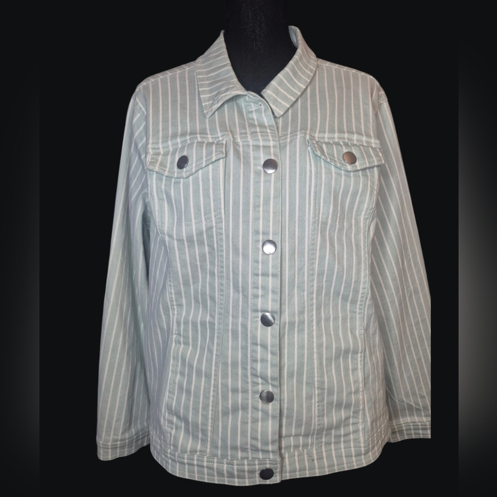 Est. 1946 Striped Mint Green & White Classic Denim Plus Size Jacket Size 18/20W
